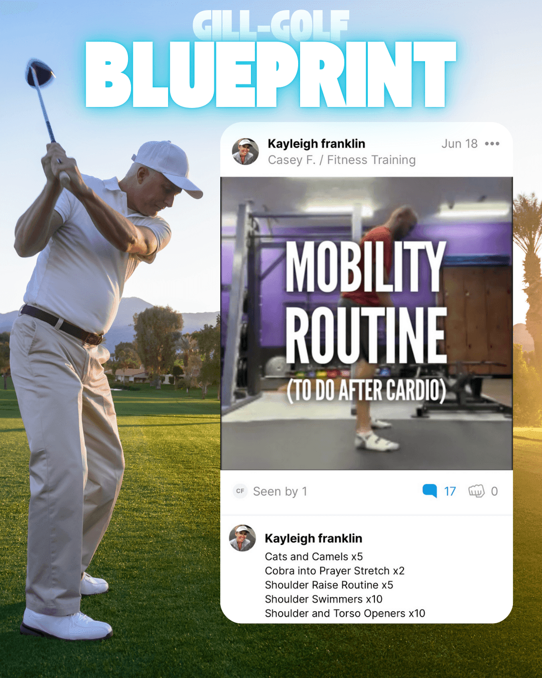 Older male golfer swinging and coachnow app screenshot