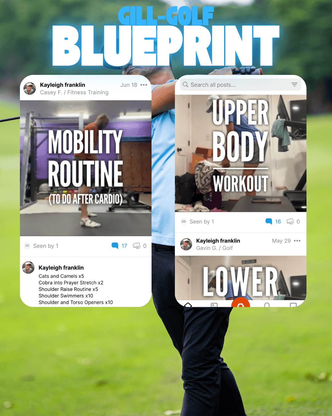 middle aged golfer swinging and coachnow app screenshots
